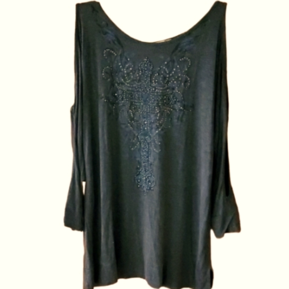 Cowgirls‎ & Diamonds Womans Grey Rhinestone Cross Lace Fringe Shirt Size Large